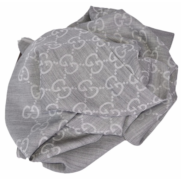 Gucci 165903 XL Light Silver Grey Silk Wool GG Guccissima Logo Scarf Shawl - 78" x 28"