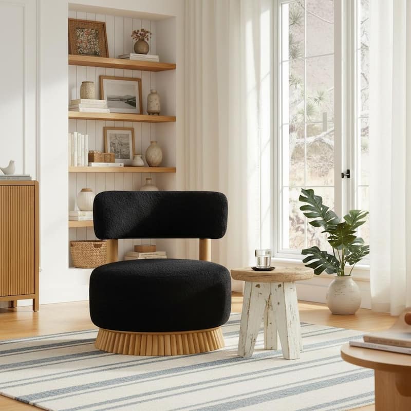 Modern Farmhouse Bouclé Armless Chair with Straw-Inspired Wood Base by Harper&Bright Designs