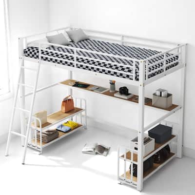 Space-Saving Loft Bed with Desk, Storage Shelves, and Charging Station - Twin/Full Size