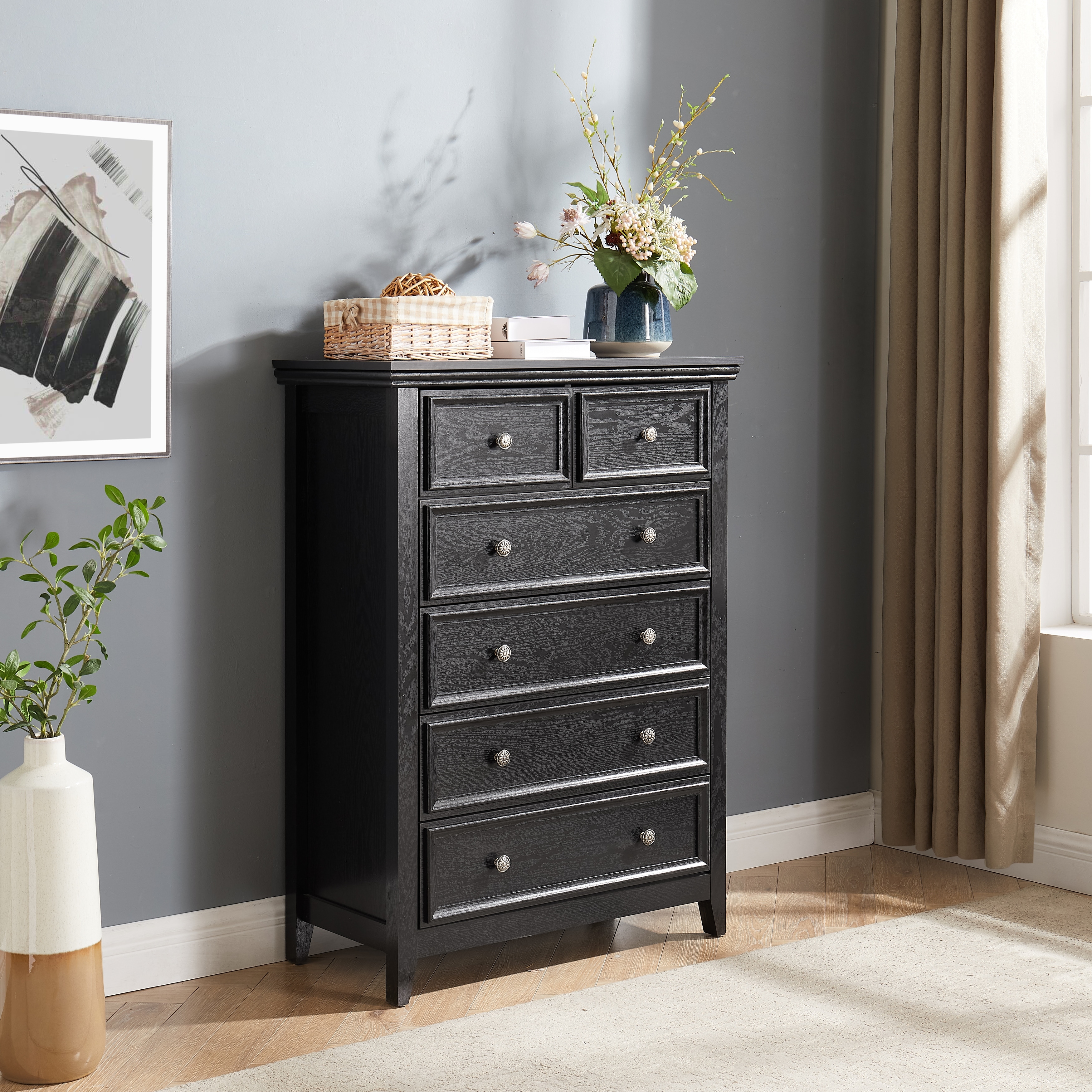 Sleek Black 6-Drawer Dresser, Farmhouse Closet Organizer for Home