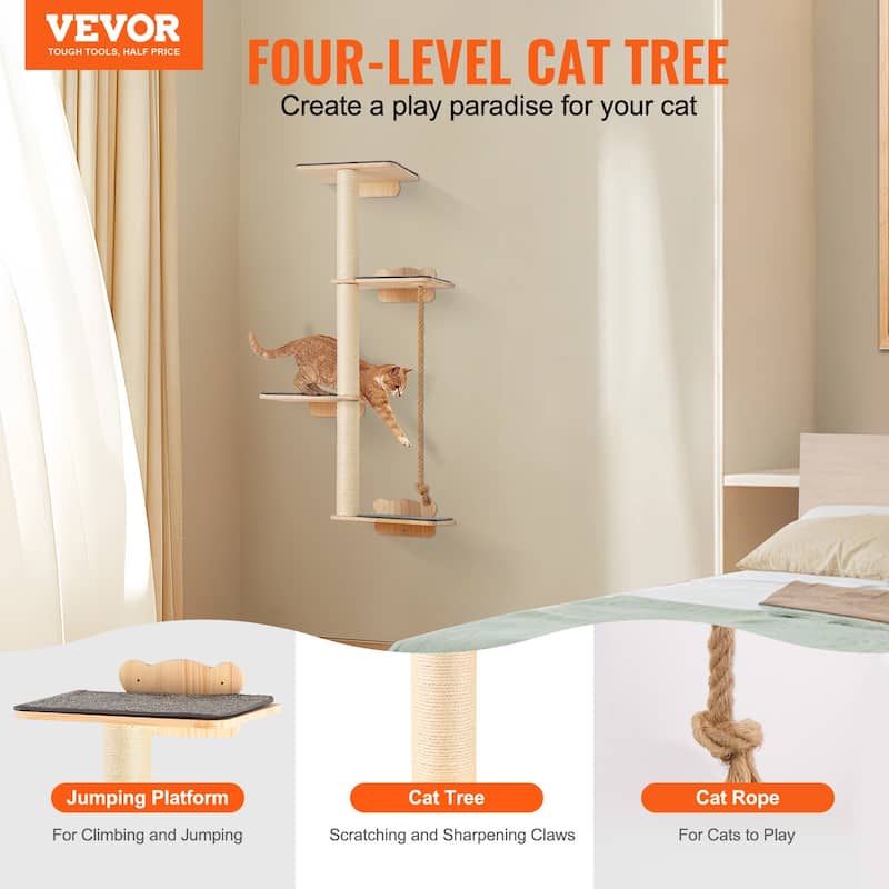 4 Tiers Tall Cat Tree Wood Cat Perch for Sleeping Playing and Climbing
