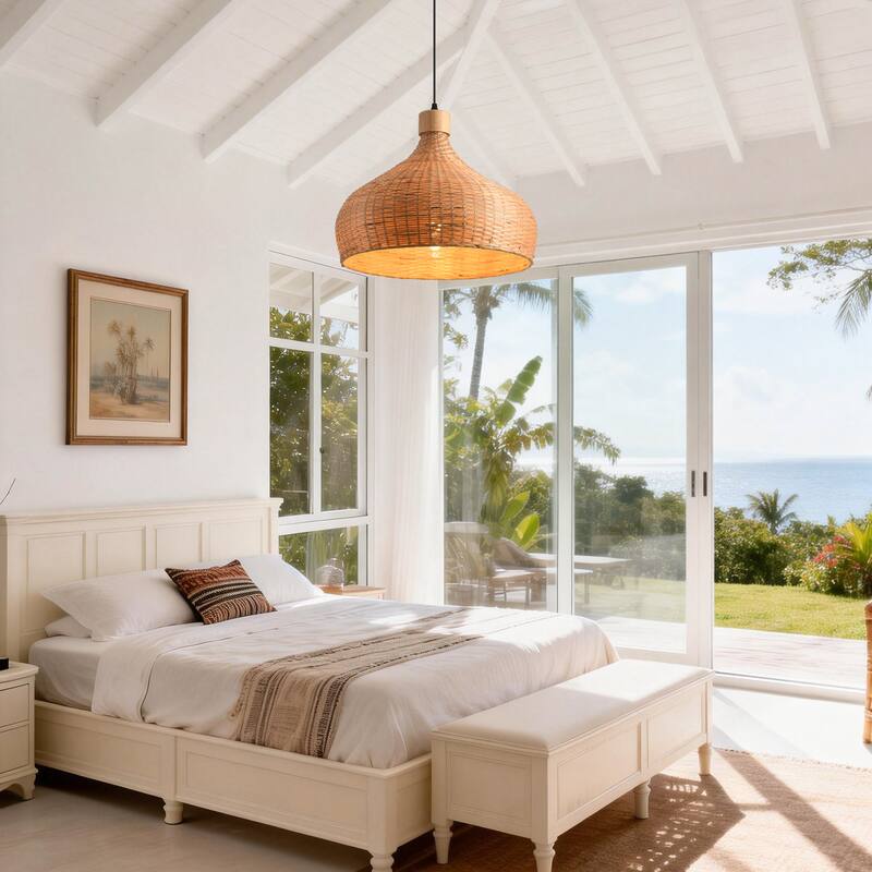 1-Light Retro Brown Handmade Bamboo Woven Dome Hanging Pendant Light - 17.7" W x 59" H