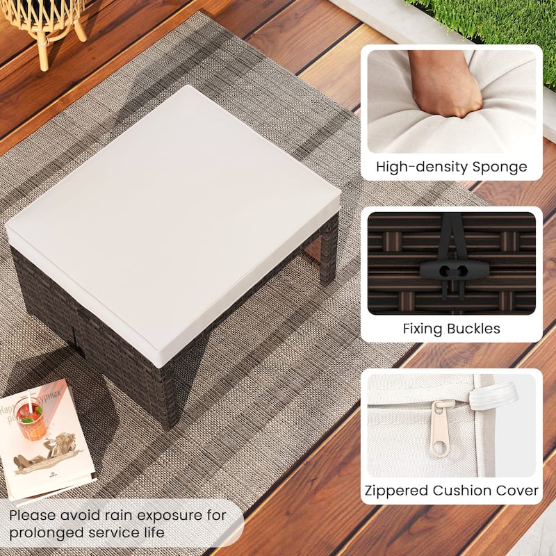 Set of 2 Outdoor Rattan Footstools Ottomans with Cushions for Patio Decor or Garden Seating - 16" L x 19" W x 9.5" H