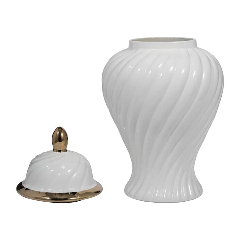 Sagebrook Home Ceramic 20" Swirl Temple Jar, White/Gold, Cylinder, 20"H, Swirl - 11" x 11" x 20"