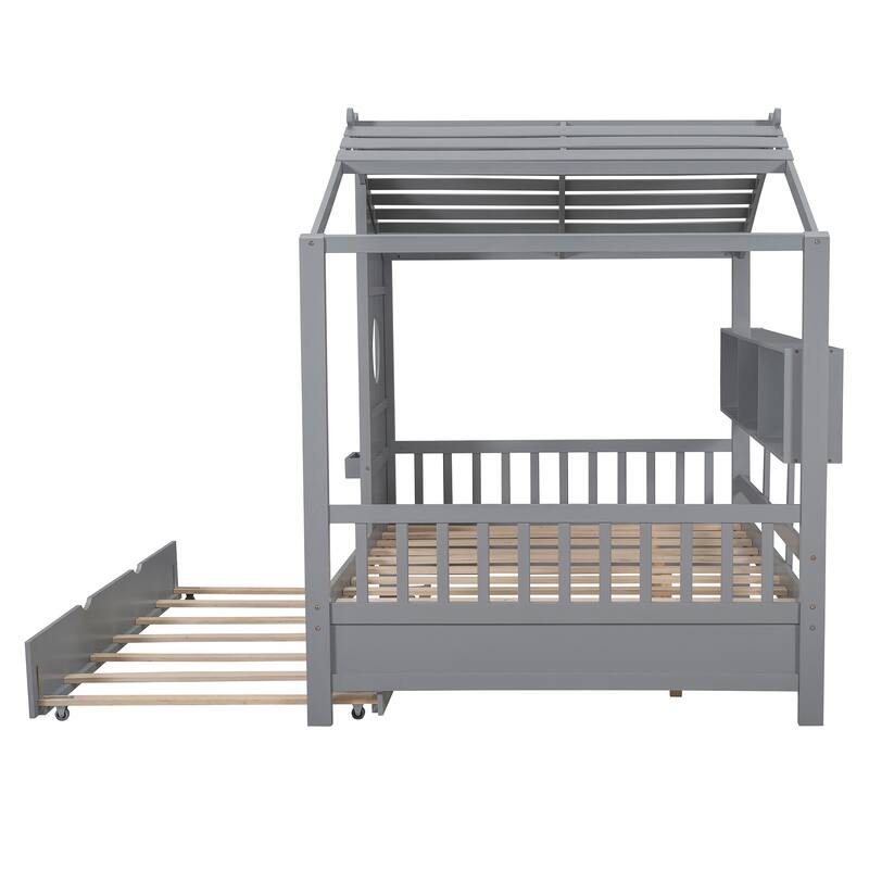 Wooden House Bed with Trundle & Storage Shelf
