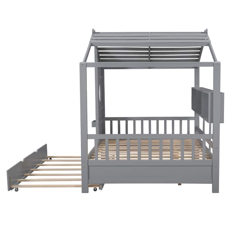 Wooden Twin Size House Bed with Trundle and Storage Shelves for Kids