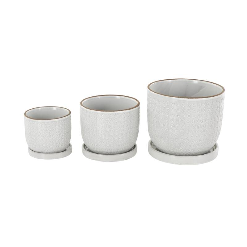 Ceramic Abstract Circle Patterned Indoor Outdoor Planter with Brown Accents and Base Tray - Set of 3 White - Roche River Decor