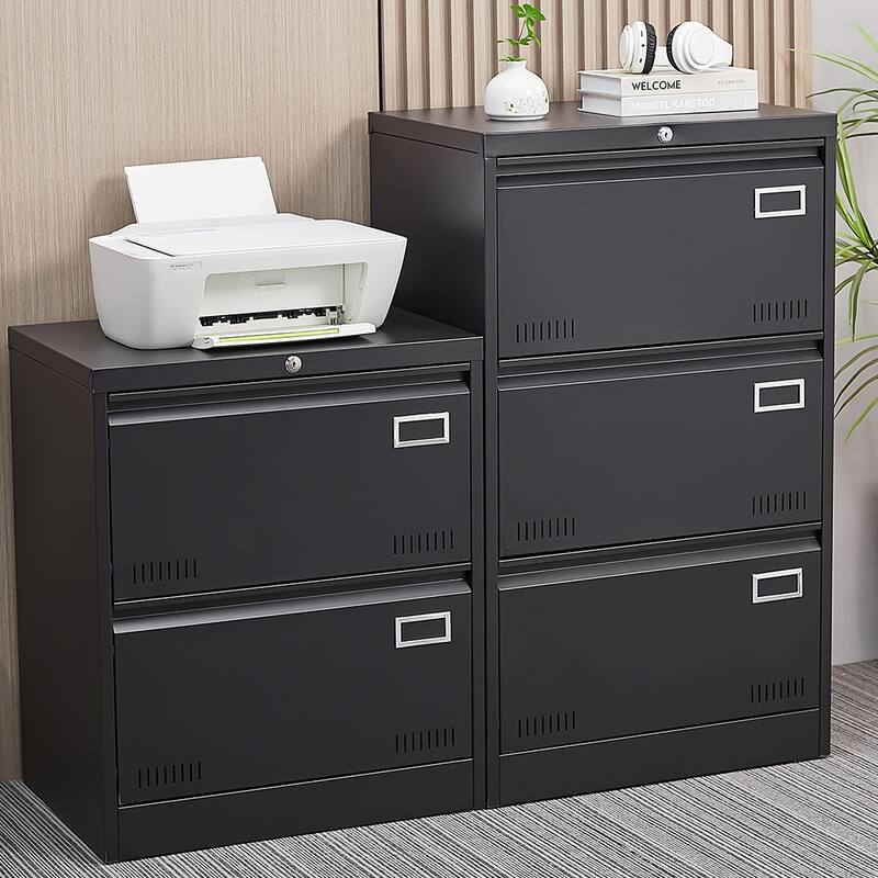 Anmytek Black File Cabinet Double Drawer Locking Office Storage Desk Organizer