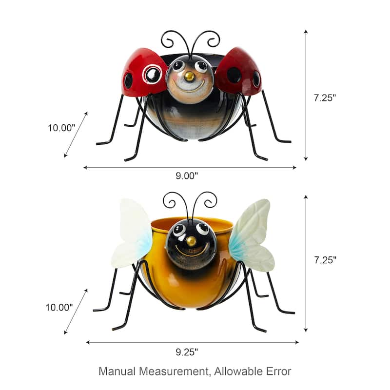 Glitzhome 10"W Set of 2 Metal Bee and Ladybug Statue Planter with Drainage Hole