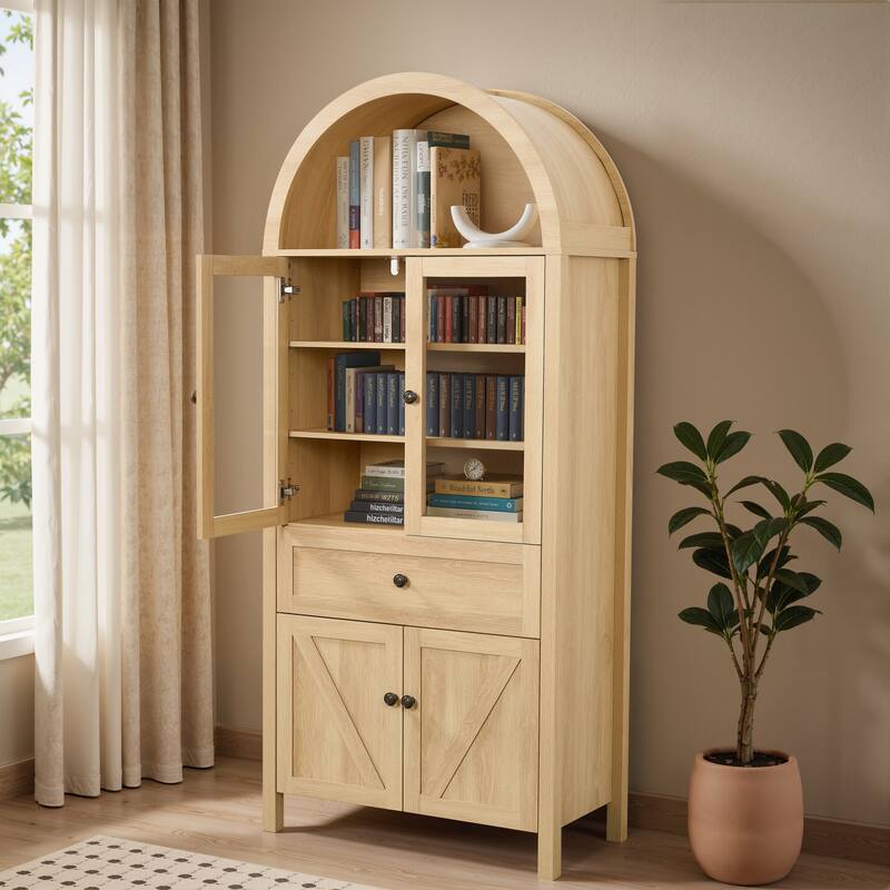 71" Tall Arched Kitchen Pantry Cabinet, Wood Kitchens Storage Cabinets with Drawers and Open Shelves, Modern Versatile Cupboard