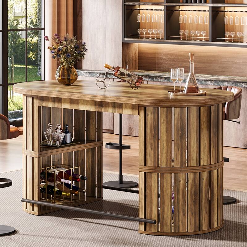 63" Industrial Bar Table Oval Home Bar Unit with Storage and Footrest