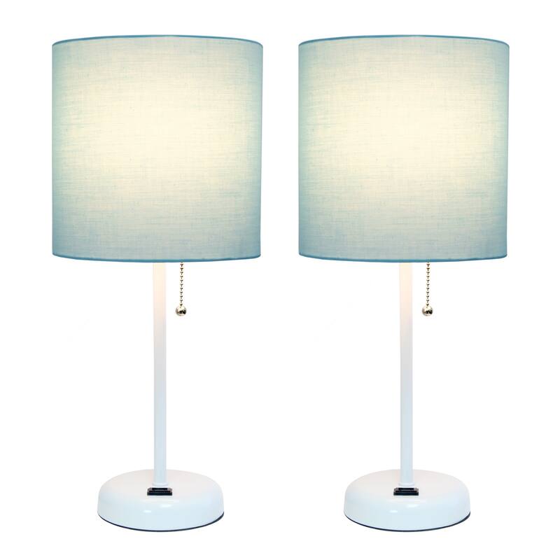 19.5 in. White Finish Table Lamp with Blue Shade, Durable Stick Lamp for End/Side Tables, Set of 2