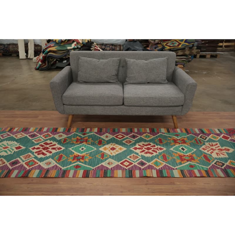 Hand Woven Oriental 100% Wool Carpet Southwestern Tribal Green Kilim Runner Rug - 9' 6'' X 2' 9''