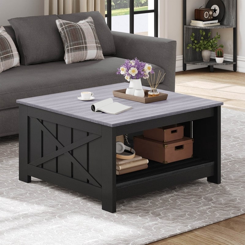 Modern Rustic Square Wood Coffee Table with Storage - Grey/Black