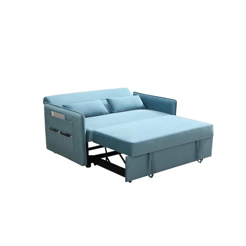 Modern Adjustable Pull Out Sofa Bed with 2 Side Pockets, 2 Pillows