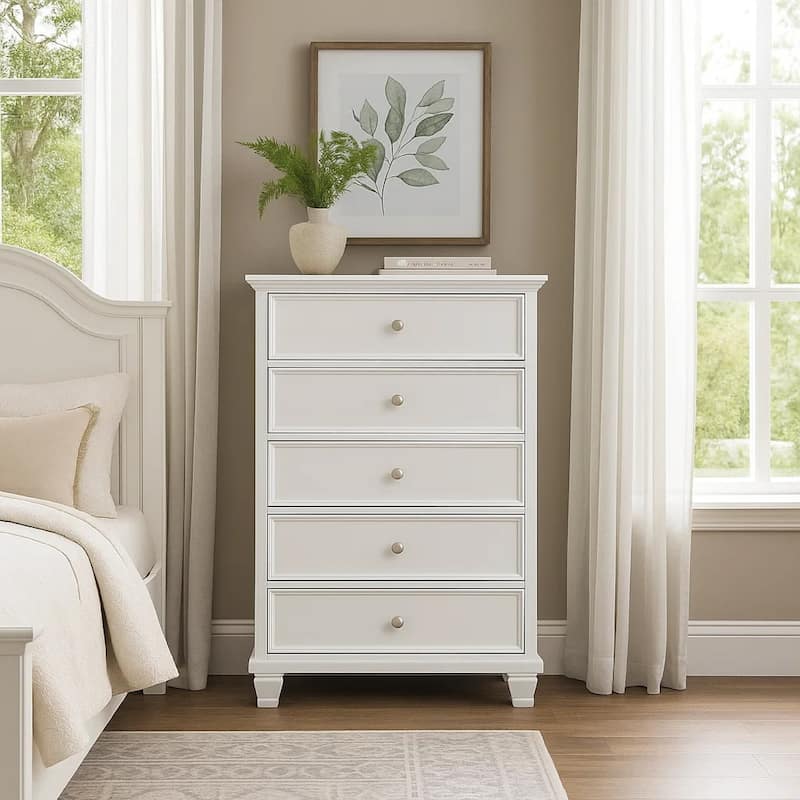 Heno Tall Dresser Chest, 5 Storage Drawers w Nickel Round Knobs, White