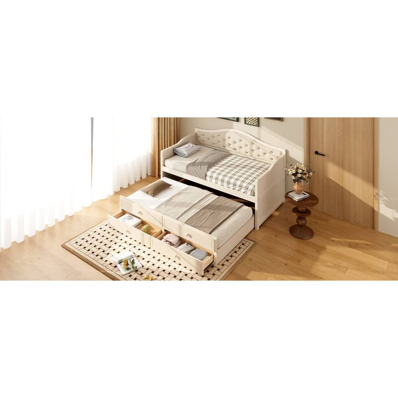 Wooden Frame Day Bed, Twin Size Daybed with Trundle Bed, Upholstered Tufted Button Backrest Sofa Bed with 2 Storage Drawers