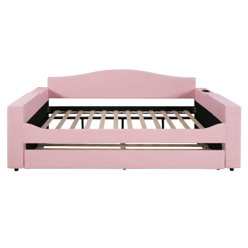 Teddy Fleece Daybed Leisure Upholstered Daybed Frame with Storage Armrest and Integrated Bluetooth Audio System and Trundle