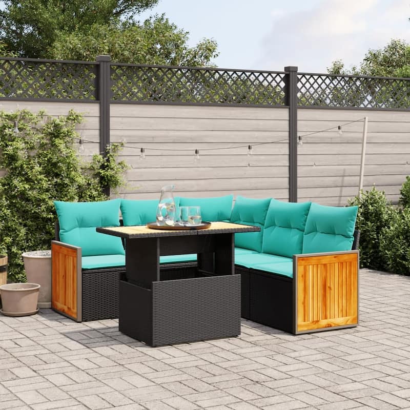 vidaXL Patio Sofa Set with Cushions Outdoor Furniture 6 Piece Poly Rattan - 21.7 x 24.4 x 27.2 - Black