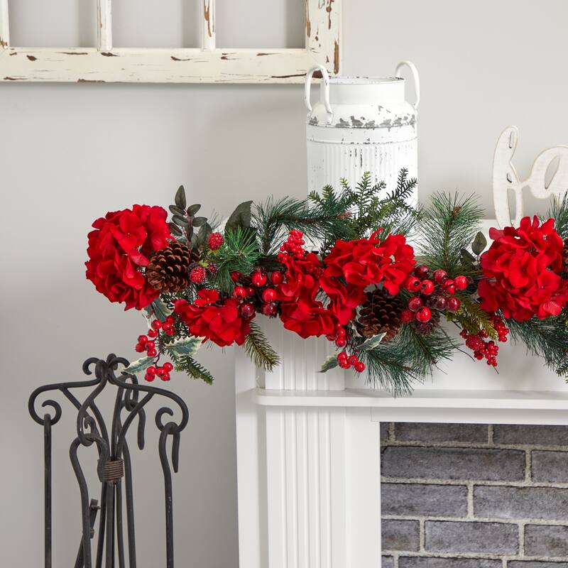 6' x 11" Red Hydrangea Artificial Christmas Garland, Unlit