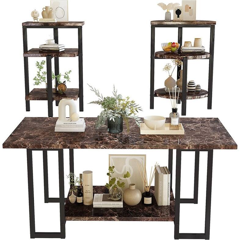 3 Pieces Faux Marble Coffee Table Set with 1 Coffee Table and 2 End Tables, Modern Sofa Side Table with Shelf, Cocktail Table