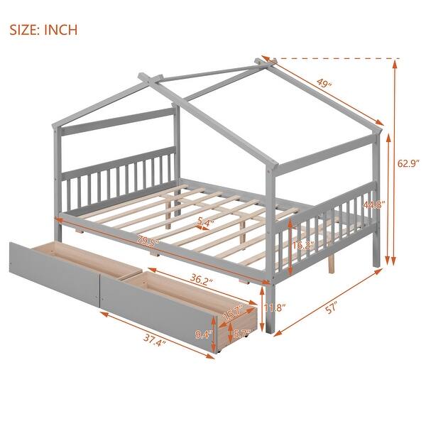 dimension image slide 2 of 3, Full Size Wooden House Bed with Drawers Storage Bed for Kids, Teens, Girls, Boys Upholstered Platform Bed Easy Assembly