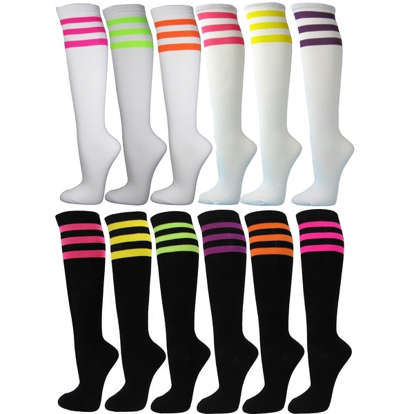 6 Pairs Ladies/Women Premium Quality 3 Neon tripes Cotton Knee High Socks