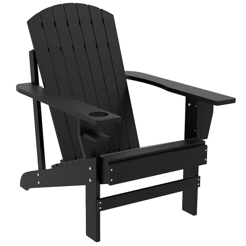 Wooden Adirondack Chair, Outdoor Weather Resistant Patio Lawn Chair with Cup Holder for Deck, Garden, Backyard - Black