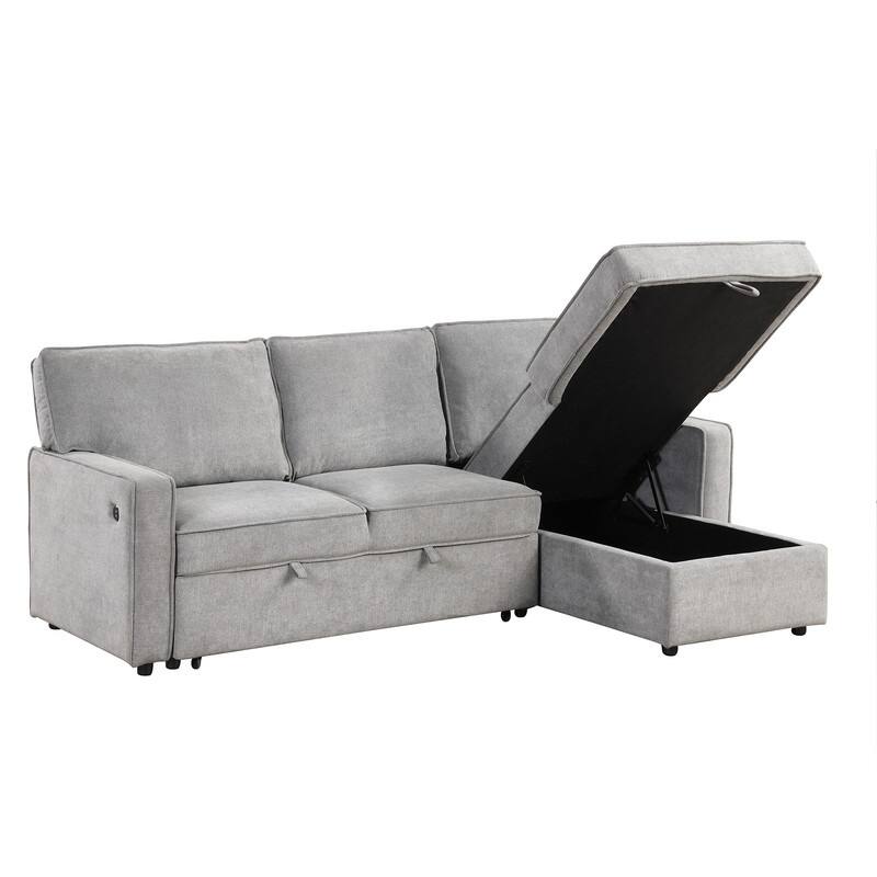Upholstery Sleeper Sectional Sofa with Storage and 2 Cup Holder, Modern Corner Sectional with Pull-Out Sleeper and USB port