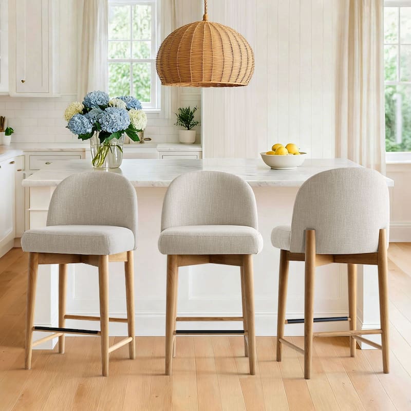 Modern Upholstered Counter Stools with Solid Wood Frame (Set of 3) - Beige