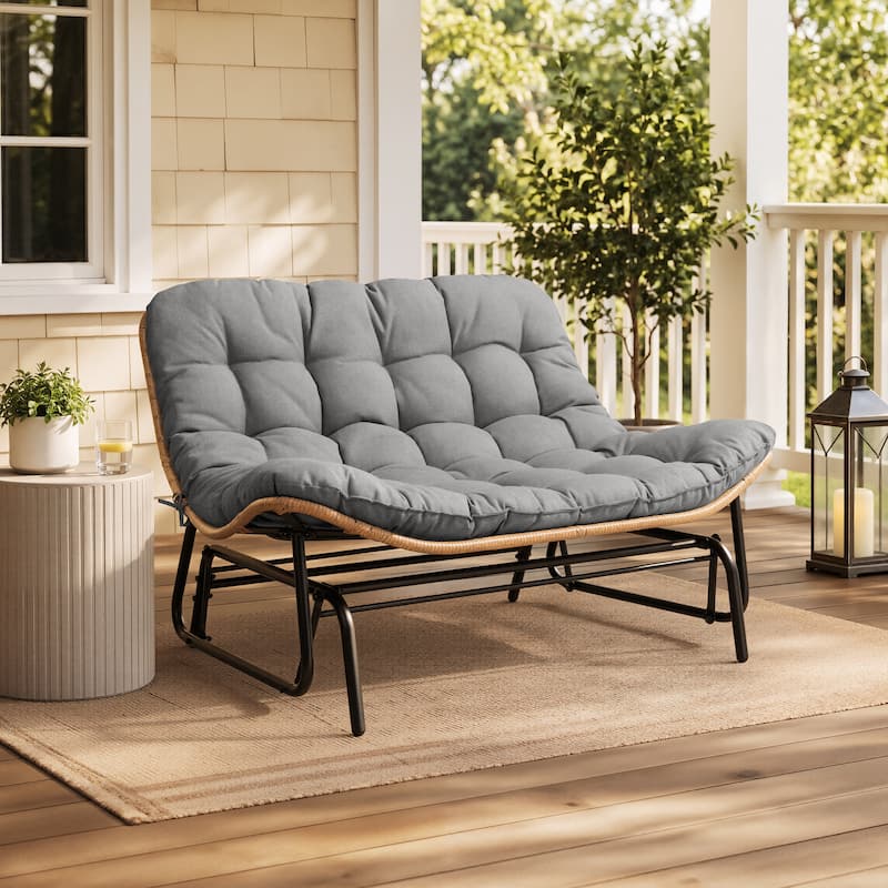 Oversized 2-Person Outdoor Glider Rocking Chair Bench Double Papasan Chair Loveseat with Cushion - Dark Grey