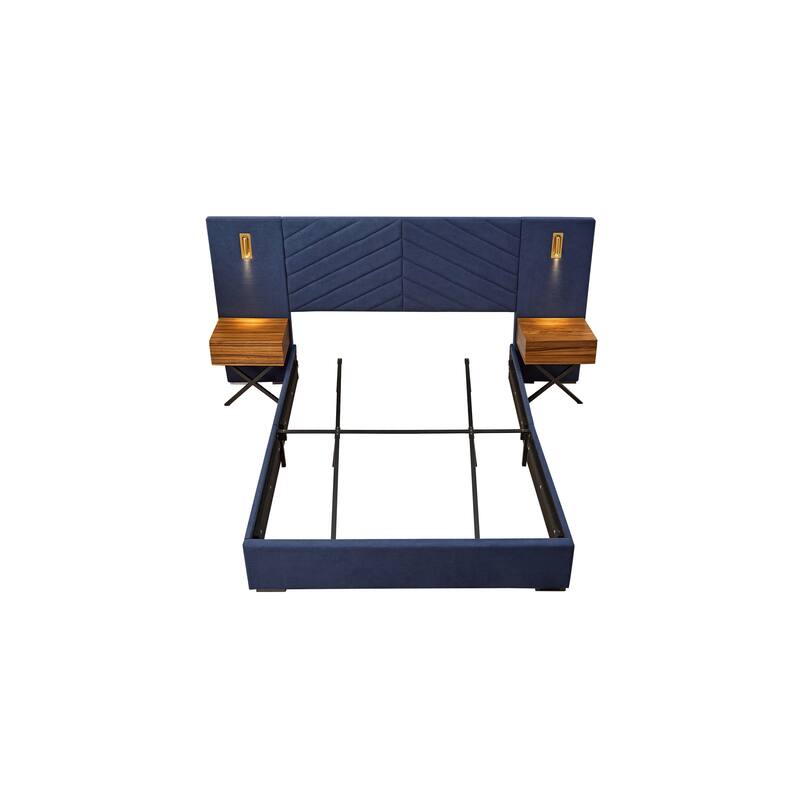 Royal Blue Velvet Bed Frame Vertical Channel Tufted Wingback Headboard Upholstered Platform Bed Wooden Slats