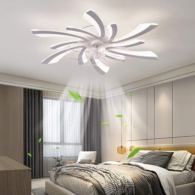 31" Oaks Aura Modern Flush Mount Ceiling Fan with Lights, 12in. Fan Blade 6-Speed Fan Light With Remote Control - White