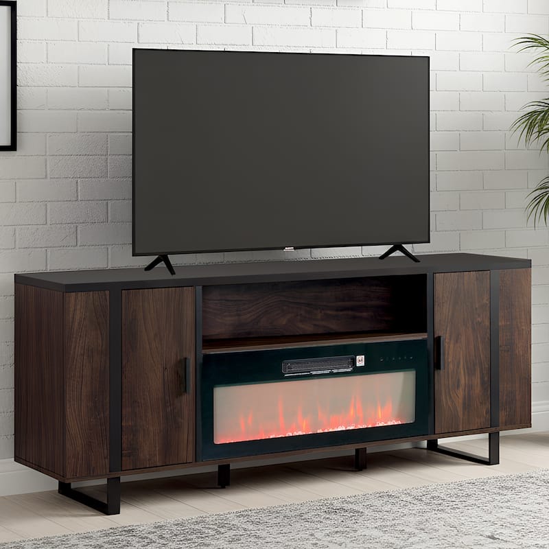 72" Farmhouse Walnut Wood Electric Fireplace TV Stand with Storage Open Compartment