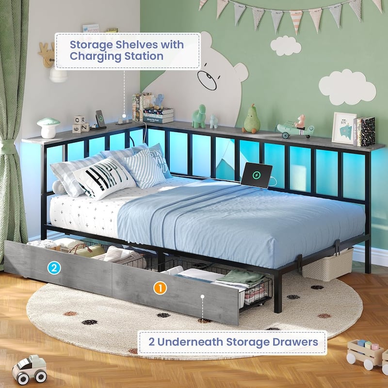 Corner Bed Frame 2 Storage Drawers Daybed Charging Station LED Lights