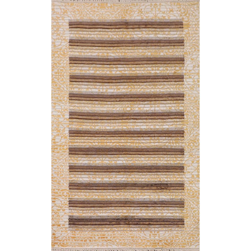 Striped Modern Abstract Accent Rug Handmade Yellow Wool Carpet - 2'9"x 4'10"