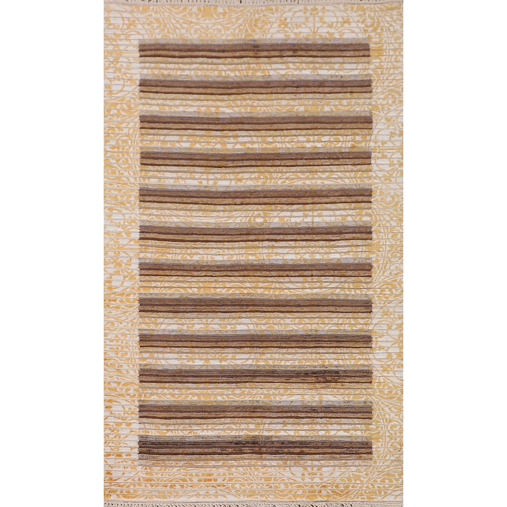 Striped Modern Abstract Accent Rug Handmade Yellow Wool Carpet - 2'9"x 4'10"