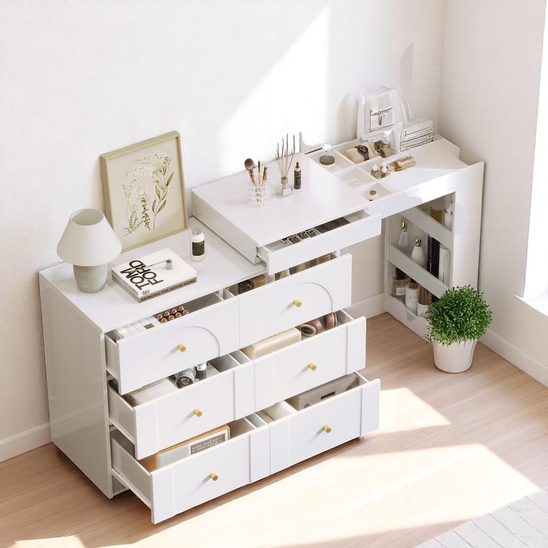 Makeup Vanity Table with Mirror and Lights, 3-Mode LED, 7 Storage Drawers and Adjustable Flip-Top for Bedroom Use