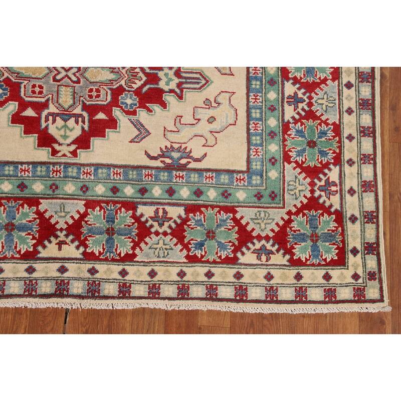 Hand Knotted Oriental 100% Wool Carpet Traditional Geometric Beige & Ivories Kazak Area Rug - 8' 0'' X 5' 8''