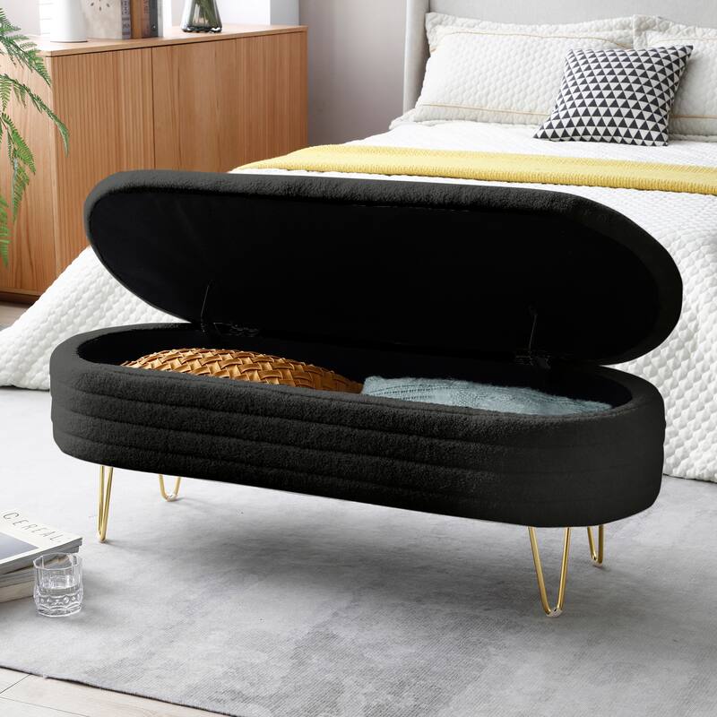 Oval Storage Bench with Gold Legs,Teddy Fabric Upholstered Ottoman