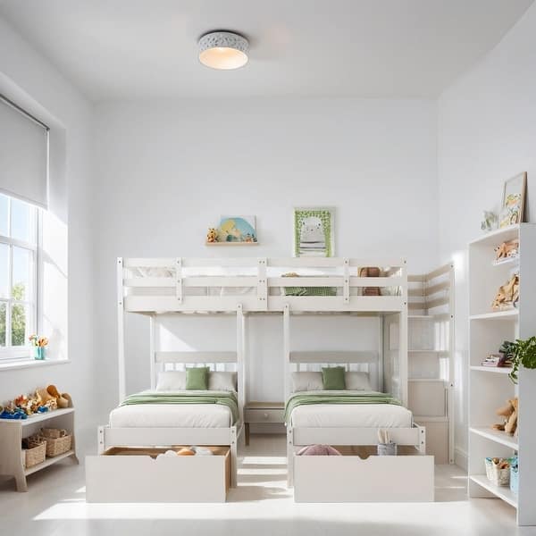slide 2 of 9, Full Over Twin & Twin Wood Triple Bunk Bed with Drawers and Guardrails, White