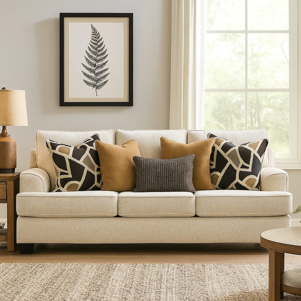 Burgess Sofa, Quartz Beige Polyester, 5 Accent Throw Pillows, 97 Inch