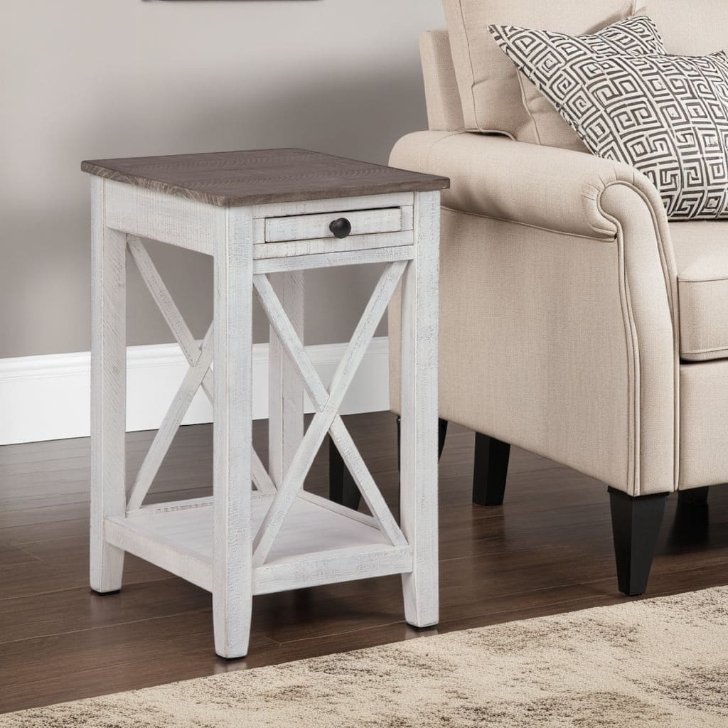Accent Table, 1 Drawer and Shelf, USB Ports, 25 Inch White Solid Wood