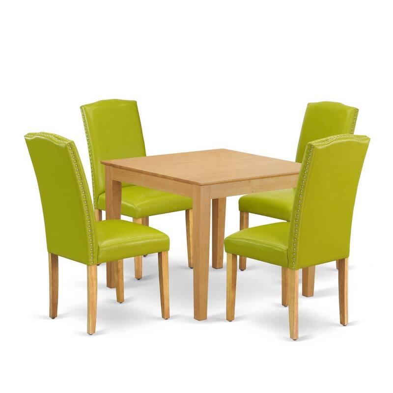 Victorian Dining Set 5Pc Square Table & Chairs - Green PU Leather Oak Legs - 36 Inch