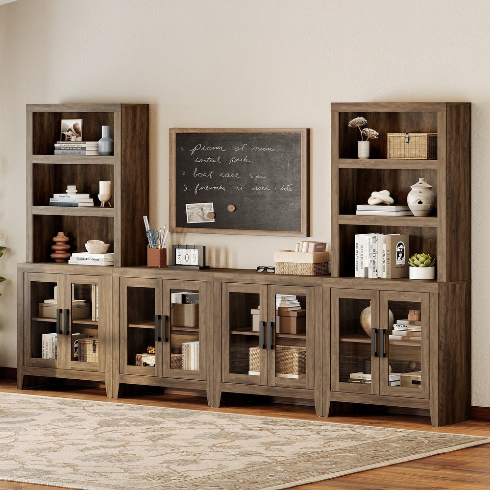 WAMPAT Farmhouse Entertainment Center with Bookshelves, Modular TV Stand with Storage Cabinets & Glass Doors