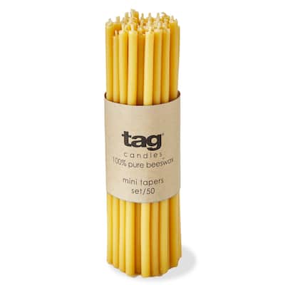 Beeswax Mini Taper Candles Set of 50 - Honey Yellow Everyday Candles with 0.45 Hour Burn Time, 6.5" Tall