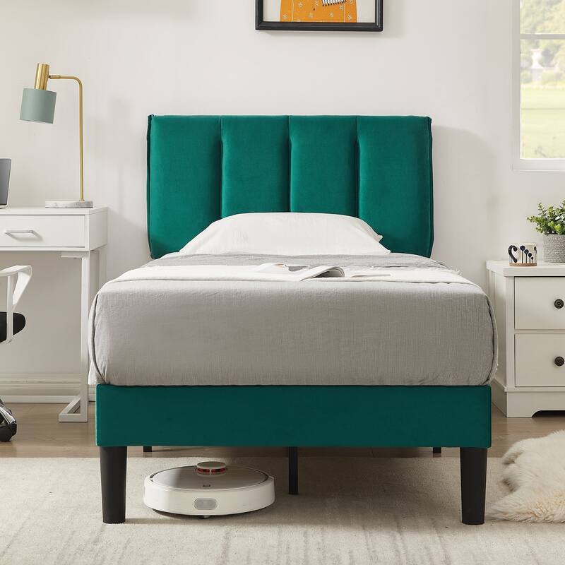 VECELO, Five Colors, 3-Pieces Tufted Upholstered Platform Bed Frame with Adjustable Height Headboard and Nightstands Set of 2