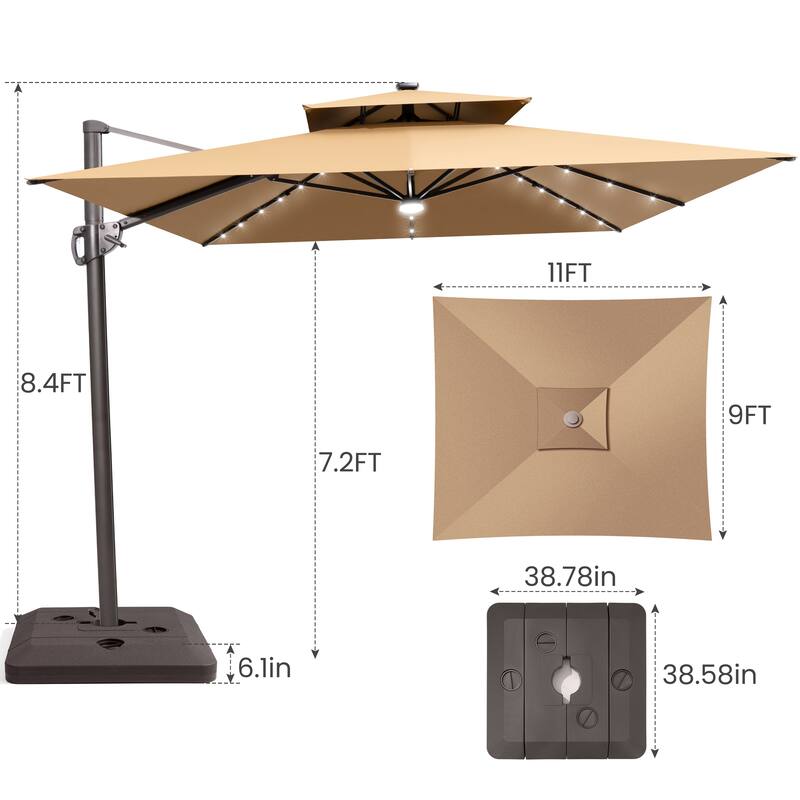 9 x11 FT LED Lighted Patio Cantilever Umbrella Double Top with Weighted Base