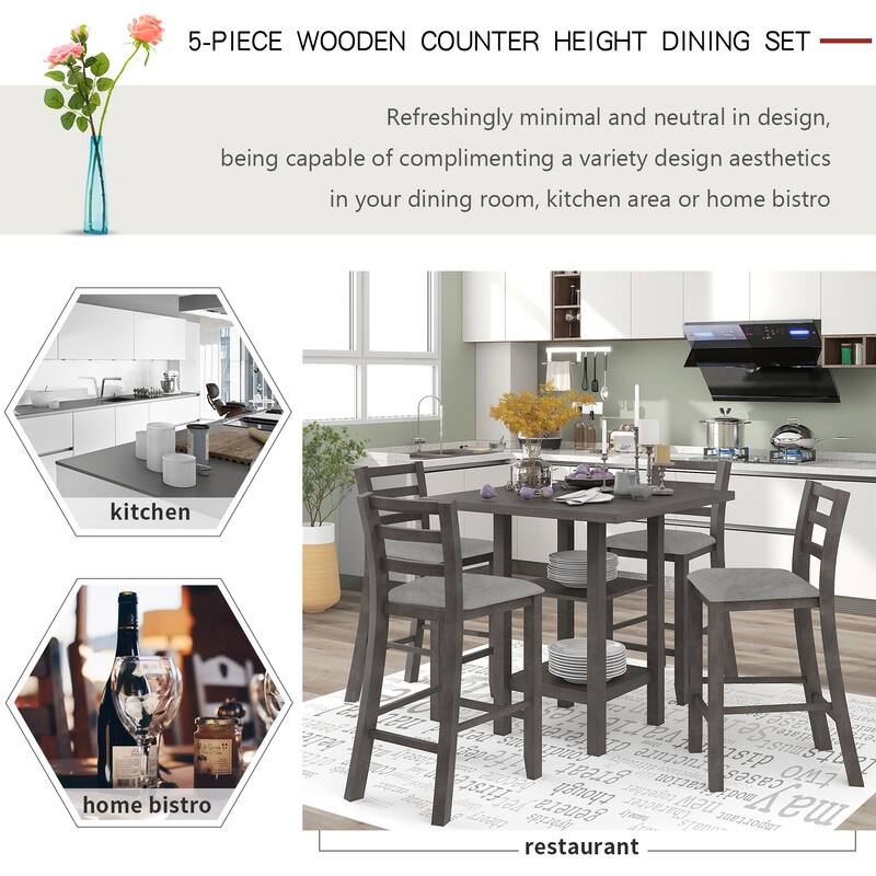 Gray 5-Piece Counter Height Wooden Dining Table Set with 4 Chairs & Storage