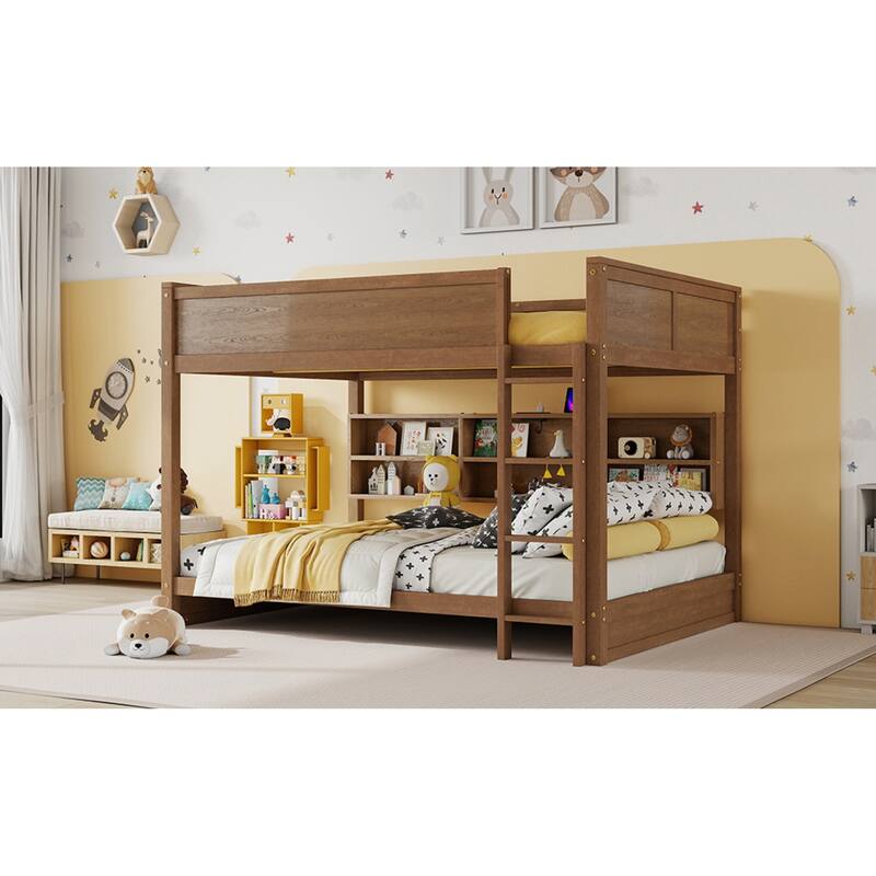 Roomfitters Queen Over Queen Bunk Bed with Storage Cabinets & Charging Station, Solid Pine Wood with Ladder & Guardrails, Wheat